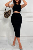 Elegant Simplicity Solid Slit O Neck Sleeveless Two Pieces