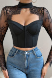 Sexy Solid Lace Hollowed Out V Neck Tops