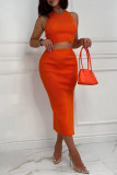 Elegant Simplicity Solid Slit O Neck Sleeveless Two Pieces