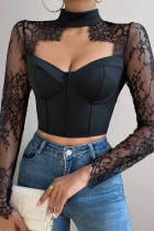 Sexy Solid Lace Hollowed Out V Neck Tops