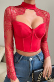 Sexy Solid Lace Hollowed Out V Neck Tops
