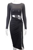 Sexy Solid Ripped Slit O Neck Wrapped Skirt Dresses