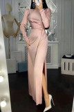 Celebrities Elegant Solid Frenulum Slit Fold O Neck Evening Dress Dresses