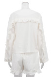 Casual Simplicity Solid Buckle Flounce V Neck Long Sleeve Two Pieces