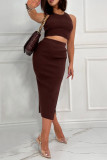 Elegant Simplicity Solid Slit O Neck Sleeveless Two Pieces