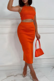 Elegant Simplicity Solid Slit O Neck Sleeveless Two Pieces