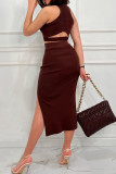 Elegant Simplicity Solid Slit O Neck Sleeveless Two Pieces