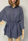 Casual Solid Draw String Pocket Turndown Collar Shirt Dress Dresses