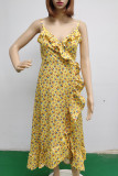 Sexy Vacation Floral Flounce Asymmetrical V Neck Irregular Dress Dresses