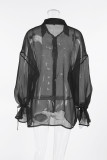 Sexy Solid See-through Mesh Turndown Collar Tops