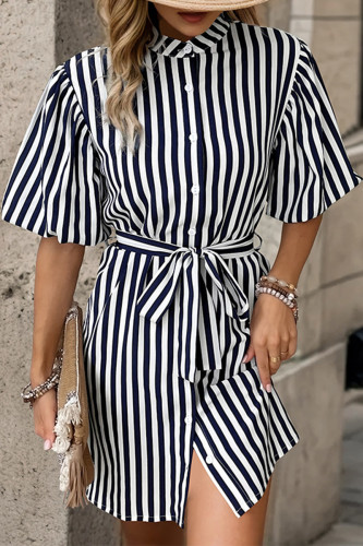 Casual Striped Frenulum Mandarin Collar A Line Dresses