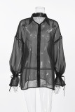 Sexy Solid See-through Mesh Turndown Collar Tops