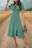 Sweet Elegant Solid Jacquard Slit Fold Square Collar A Line Dresses
