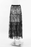 Elegant Solid Lace See-through Loose High Waist Type A Solid Color Bottoms
