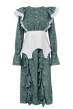Elegant Floral Buttons Flounce O Neck Waist Skirt Dresses(Waistband)