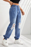 Casual Street Solid Ripped Fold High Waist Straight Denim Jeans