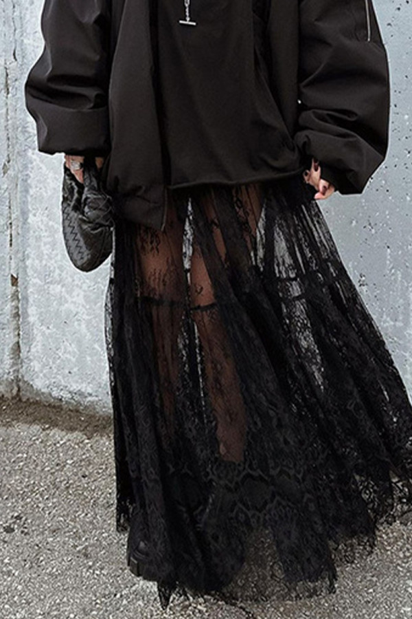 Elegant Solid Lace See-through Loose High Waist Type A Solid Color Bottoms