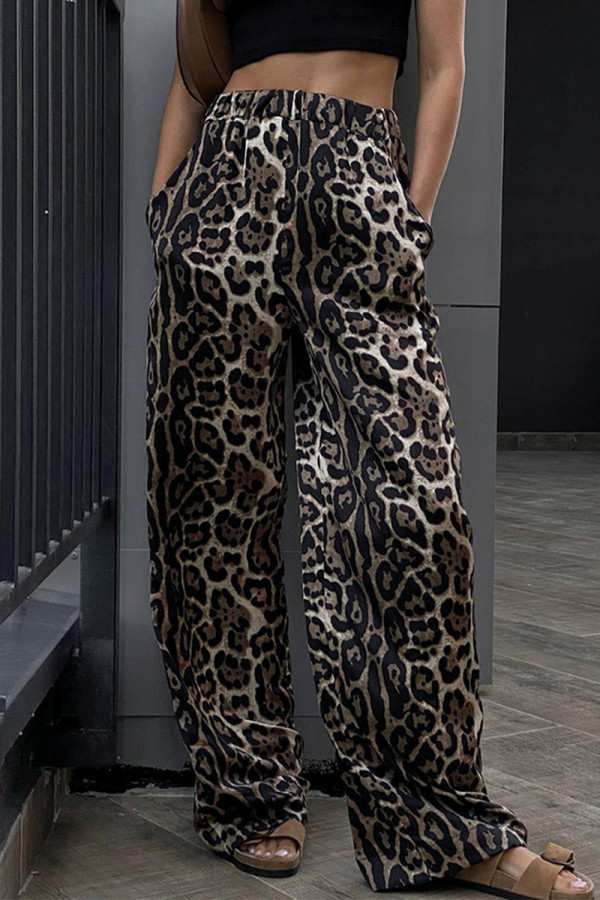 Casual Print Leopard Pocket Loose High Waist Wide Leg Full Print Bottoms