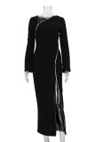Casual Celebrities Solid Zipper Oblique Collar Wrapped Skirt Dresses