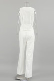 Casual British Style Solid Buckle V Neck Sleeveless Two Pieces