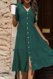 Elegant Solid Buckle Flounce V Neck A Line Short Sleeve Dress