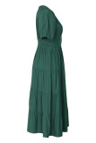 Elegant Solid Buckle Flounce V Neck A Line Short Sleeve Dress