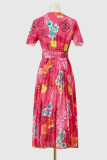 Elegant Floral With Belt Pleated V Neck Pleated Dresses