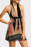 Sexy Vacation Geometric Print Frenulum Backless Halter Beach Dress Dresses