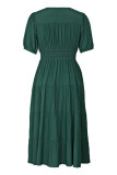 Elegant Solid Buckle Flounce V Neck A Line Short Sleeve Dress