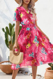 Elegant Floral With Belt Pleated V Neck Pleated Dresses