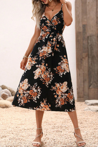 Sexy Vacation Print Patchwork V Neck Sling Dress Dresses