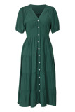 Elegant Solid Buckle Flounce V Neck A Line Short Sleeve Dress