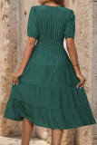 Elegant Solid Buckle Flounce V Neck A Line Short Sleeve Dress