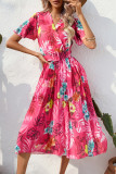 Elegant Floral With Belt Pleated V Neck Pleated Dresses