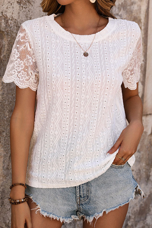 Sweet Cute Solid Jacquard Lace O Neck T-Shirts