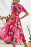 Elegant Floral With Belt Pleated V Neck Pleated Dresses