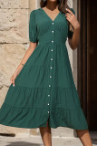 Elegant Solid Buckle Flounce V Neck A Line Short Sleeve Dress