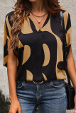 Vintage Elegant Geometric Print Fold V Neck Tops