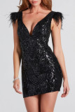 Sexy Party Solid Sequins Feathers V Neck Wrapped Skirt Dresses