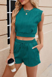 Casual Solid Draw String Pocket Texture O Neck Sleeveless Two Pieces