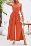Casual Sweet Solid Slit Fold Halter Jumpsuits