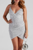 Sexy Party Solid Sequins Sequined V Neck Wrapped Skirt Dresses