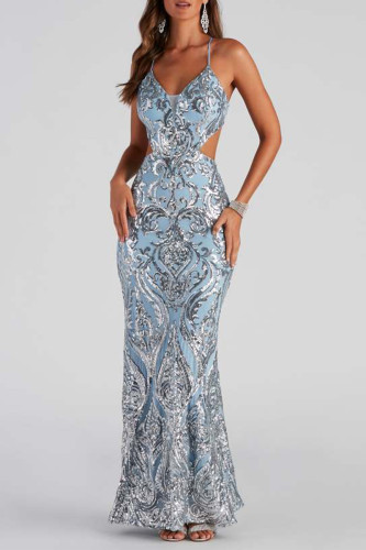 Sexy Formal Solid Sequins Backless V Neck Evening Dress Dresses