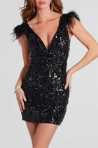 Sexy Party Solid Sequins Feathers V Neck Wrapped Skirt Dresses