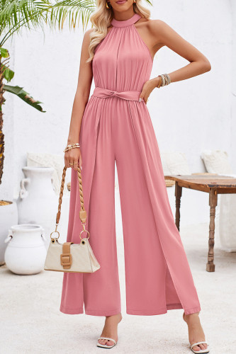 Casual Sweet Solid Slit Fold Halter Jumpsuits
