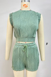 Casual Solid Draw String Pocket Texture O Neck Sleeveless Two Pieces
