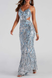 Sexy Formal Solid Sequins Backless V Neck Evening Dress Dresses