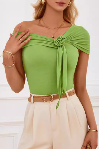 Casual Solid Appliques Fold Oblique Collar T-Shirts