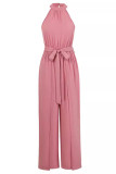 Casual Sweet Solid Slit Fold Halter Jumpsuits
