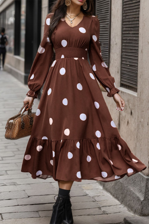 Elegant Print Polka Dot Patchwork V Neck A Line Dresses